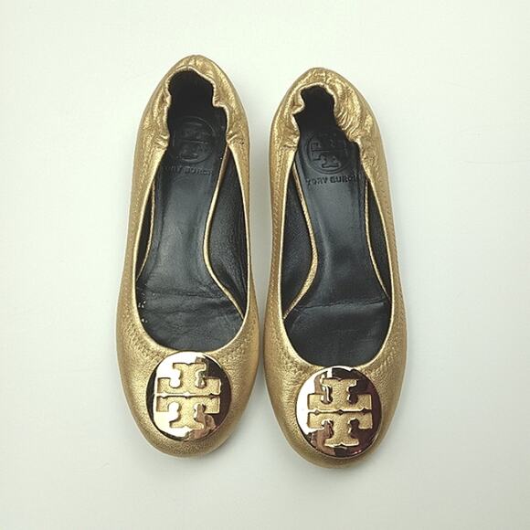 Tory Burch Logo Spark Gold Leather Minnie Travel Ballet Flats Size 5.5M - Picture 5 of 13